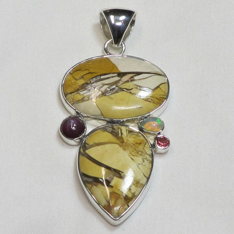 Mookaite Jasper, Ruby, Ethiopian Opal, Tourmaline Sterling Silver Pendant