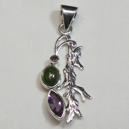 Amethyst and Tourmaline Gemstone Sterling Silver Pendant Jewelry