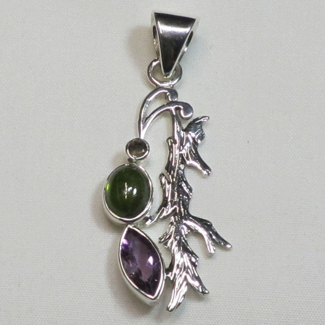 Amethyst and Tourmaline Gemstone Sterling Silver Pendant Jewelry