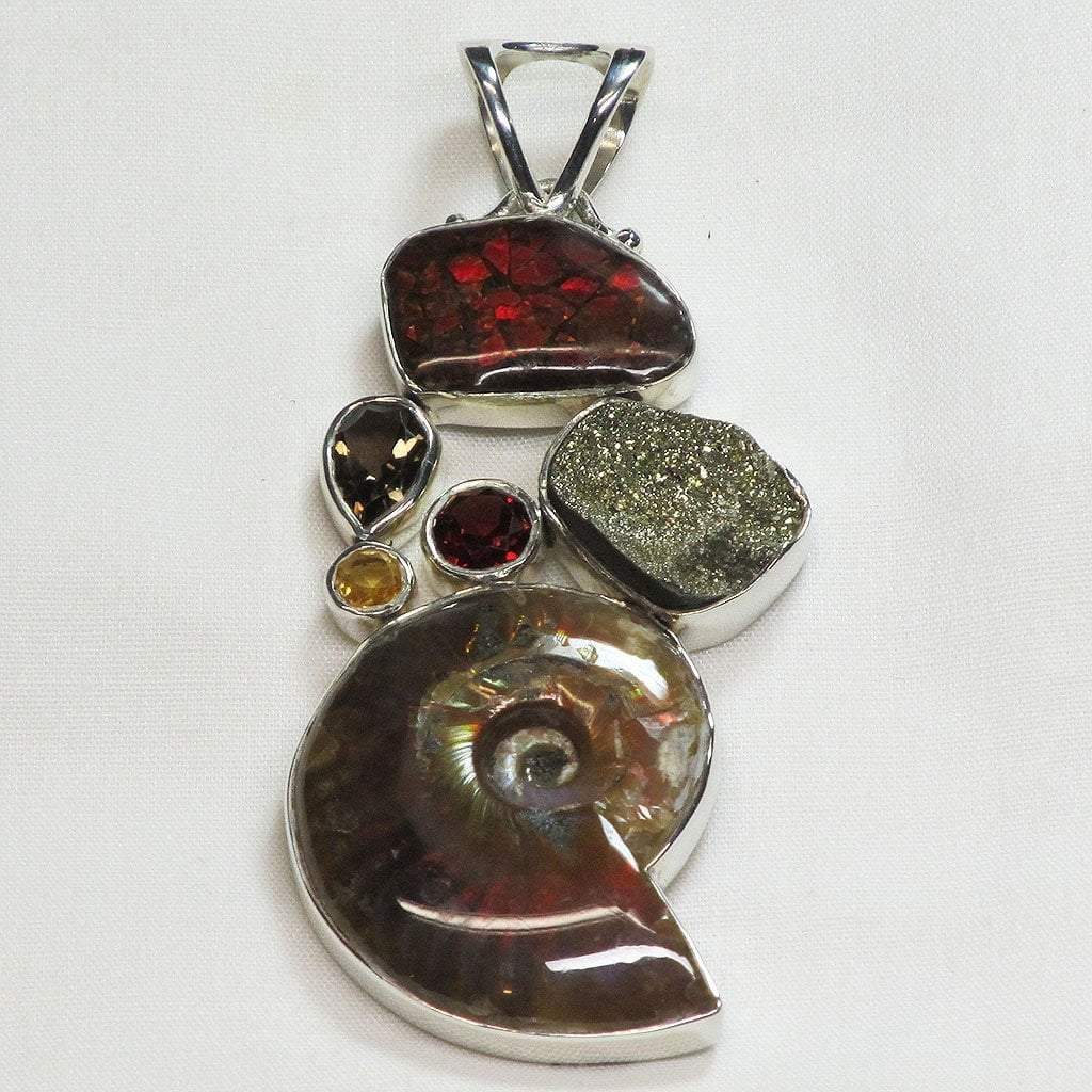 Ammonite Ammolite Drusy Pyrite Sterling Silver Pendant Jewelry