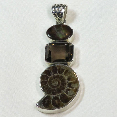 Ammonite & Smoky Quartz & Fire Agate Sterling Silver Pendant