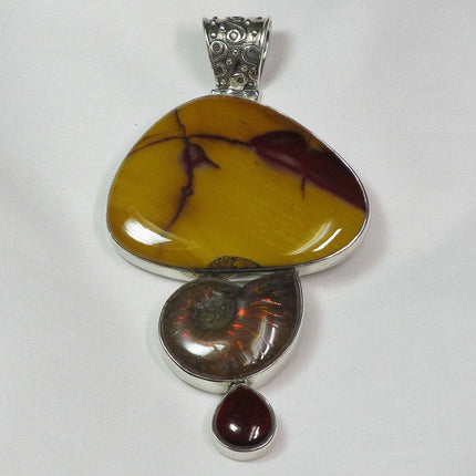 Mookaite Jasper & Ammonite & Garnet Sterling Silver Pendant