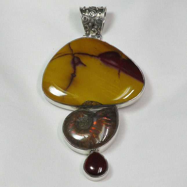 Mookaite Jasper & Ammonite & Garnet Sterling Silver Pendant