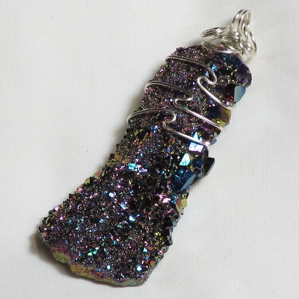 Rainbow Aura Druzy Quartz Crystal Cluster Wire Wrapped Pendant Jewelry