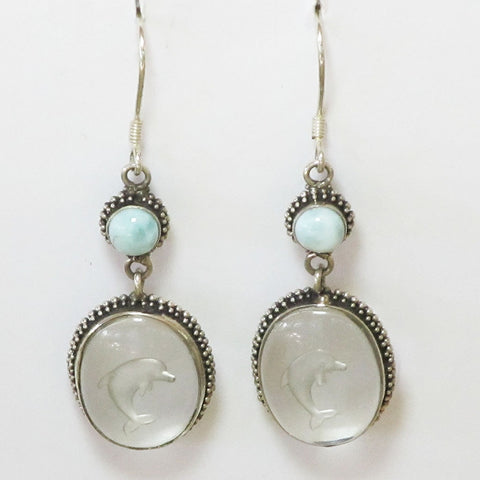 Carved Dolphin in Quartz & Larimar Sterling Silver Earrings