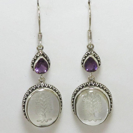 Quartz Crystal Tree of Life & Amethyst Sterling Silver Earrings