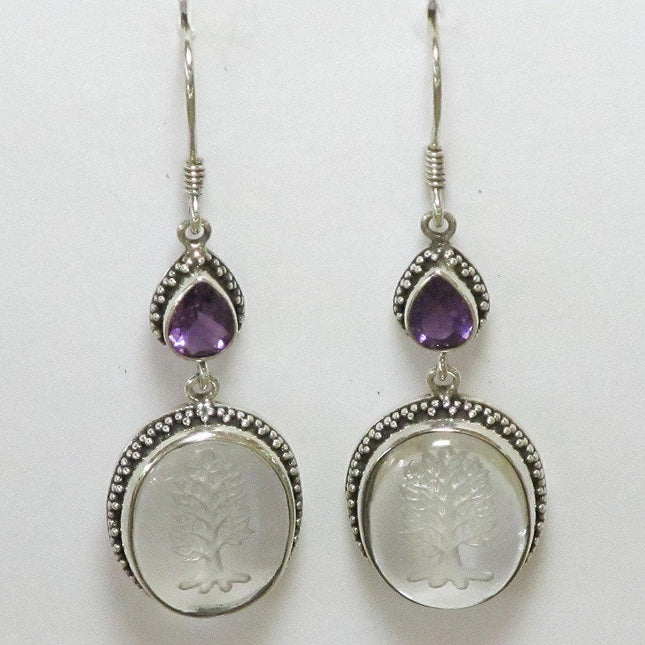 Quartz Crystal Tree of Life & Amethyst Sterling Silver Earrings