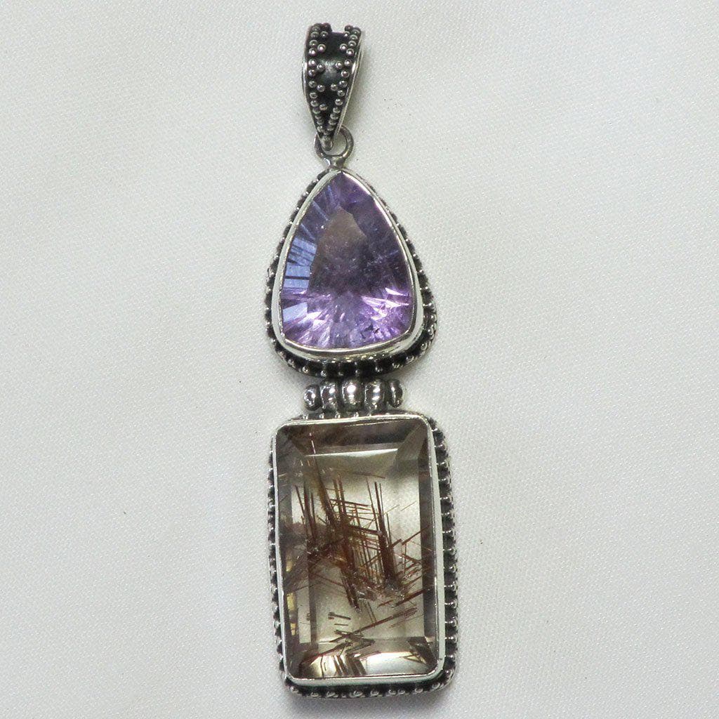 Rutile Included Smoky Quartz & Amethyst Sterling Silver Pendant