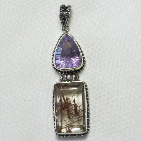 Rutile Included Smoky Quartz & Amethyst Sterling Silver Pendant