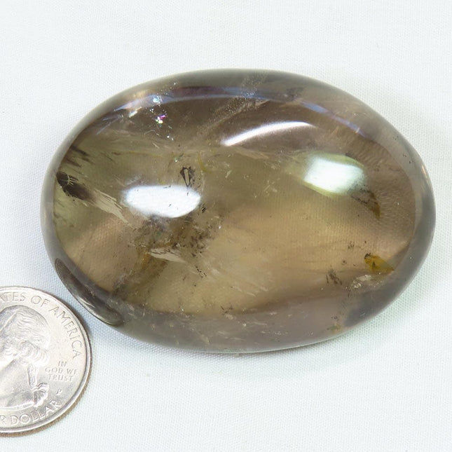 Polished Smoky Quartz Crystal Palm Stone with Rainbow from Brazil