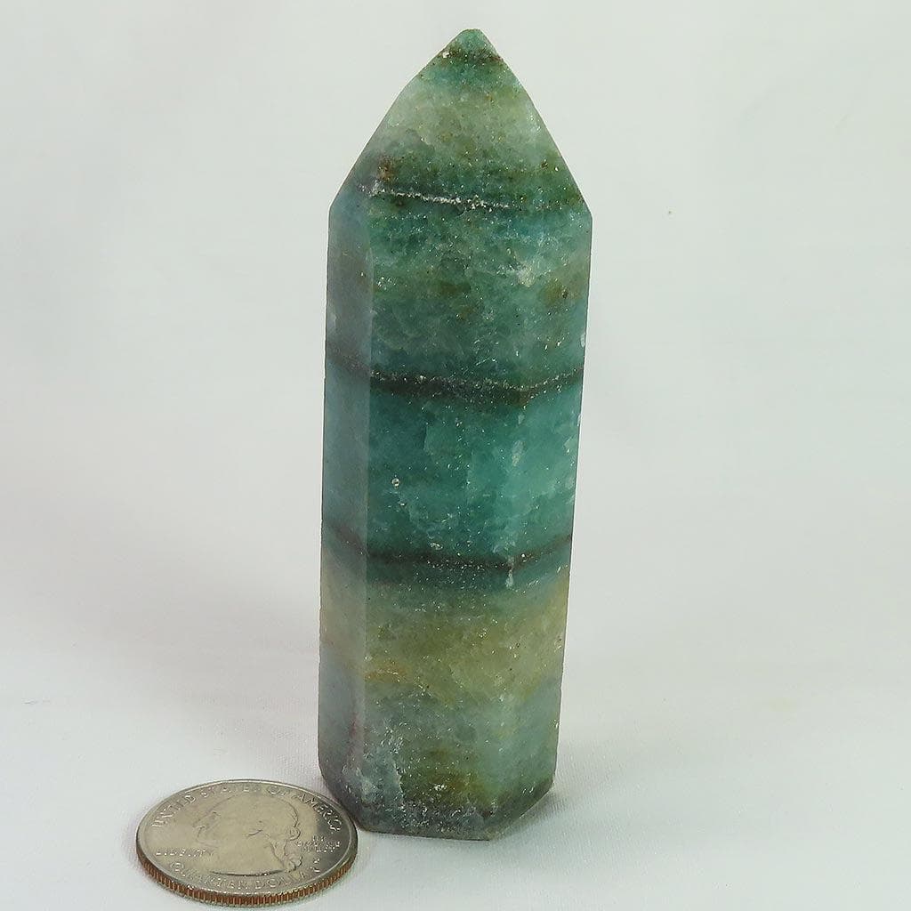 Polished Green Aventurine Point with Calcite Particles from Brazil