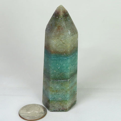 Polished Green Aventurine Point with Calcite Particles from Brazil