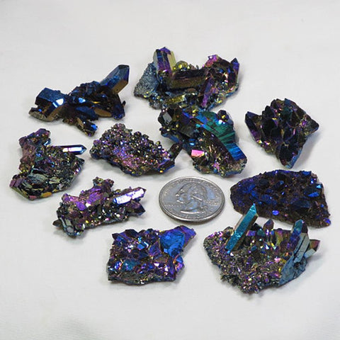 8 Rainbow Aura & 2 Cobalt Aura Quartz Crystal Clusters from Arkansas