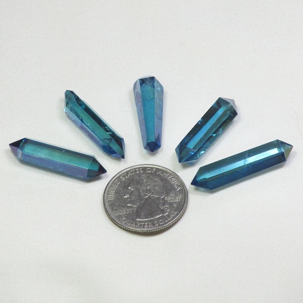 5 Aqua Aura Polished Quartz Crystal Double Terminated Generator Points
