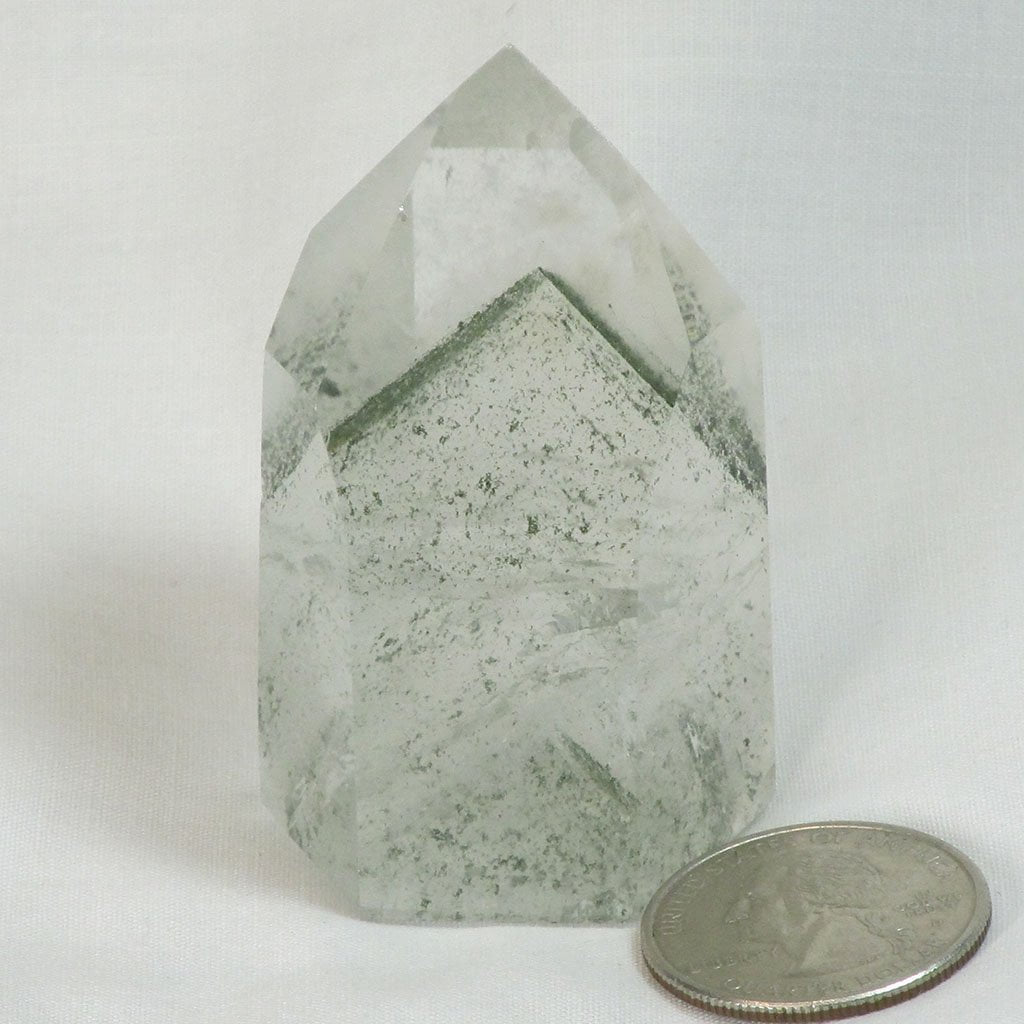 Polished Quartz Crystal Point with Green Chlorite Phantoms