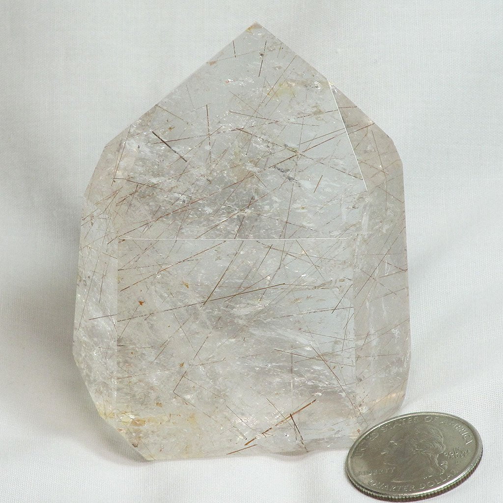Polished Quartz Crystal Tabby Point with Rutile Included & Rainbows