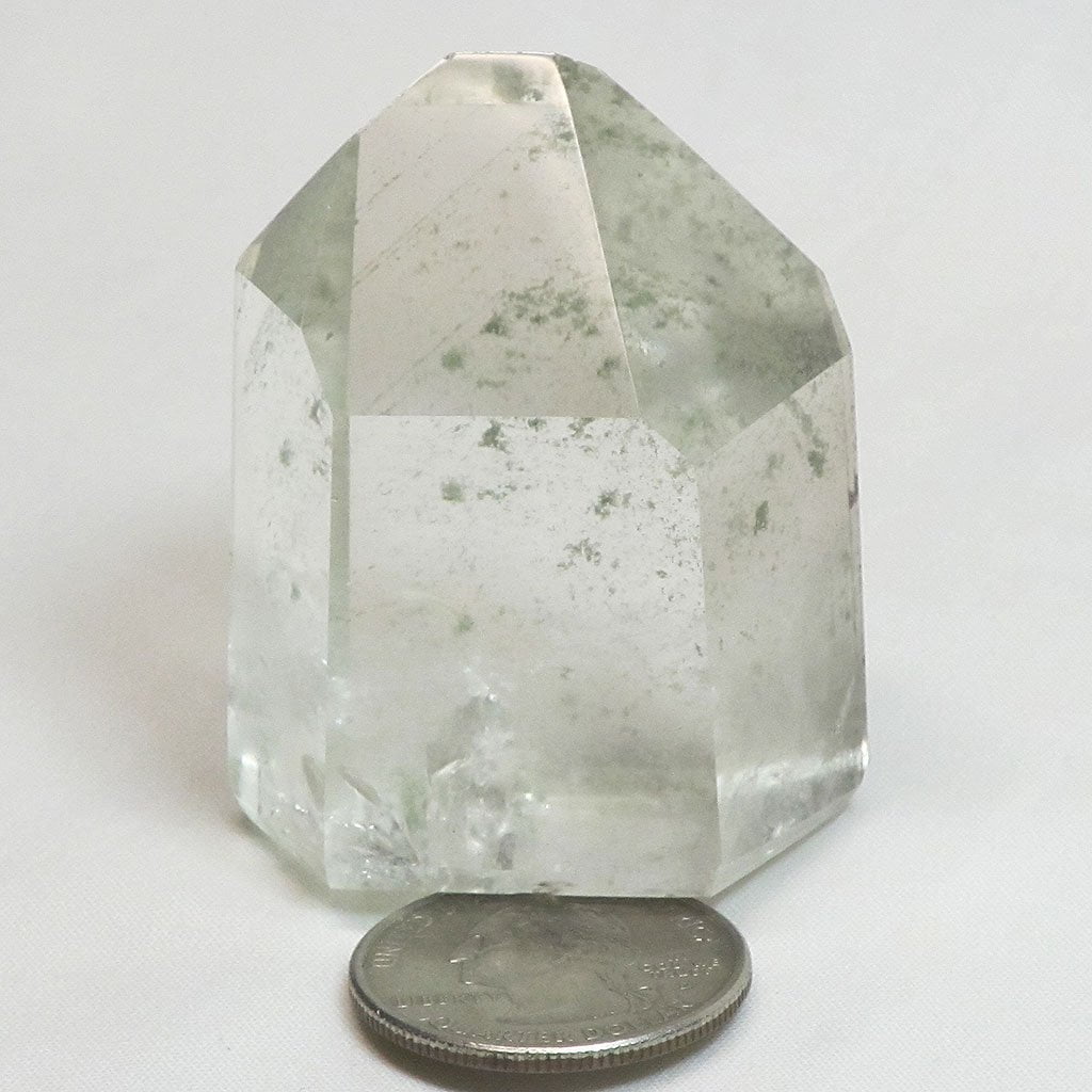 Polished Quartz Crystal Point with Green Chlorite Ghost Phantoms
