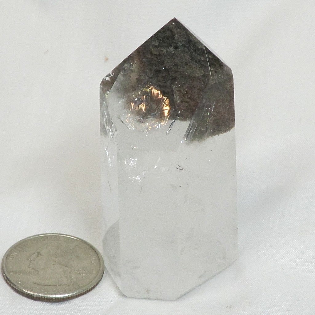 Polished Clear Quartz Crystal Point with Inclusions & Rainbow