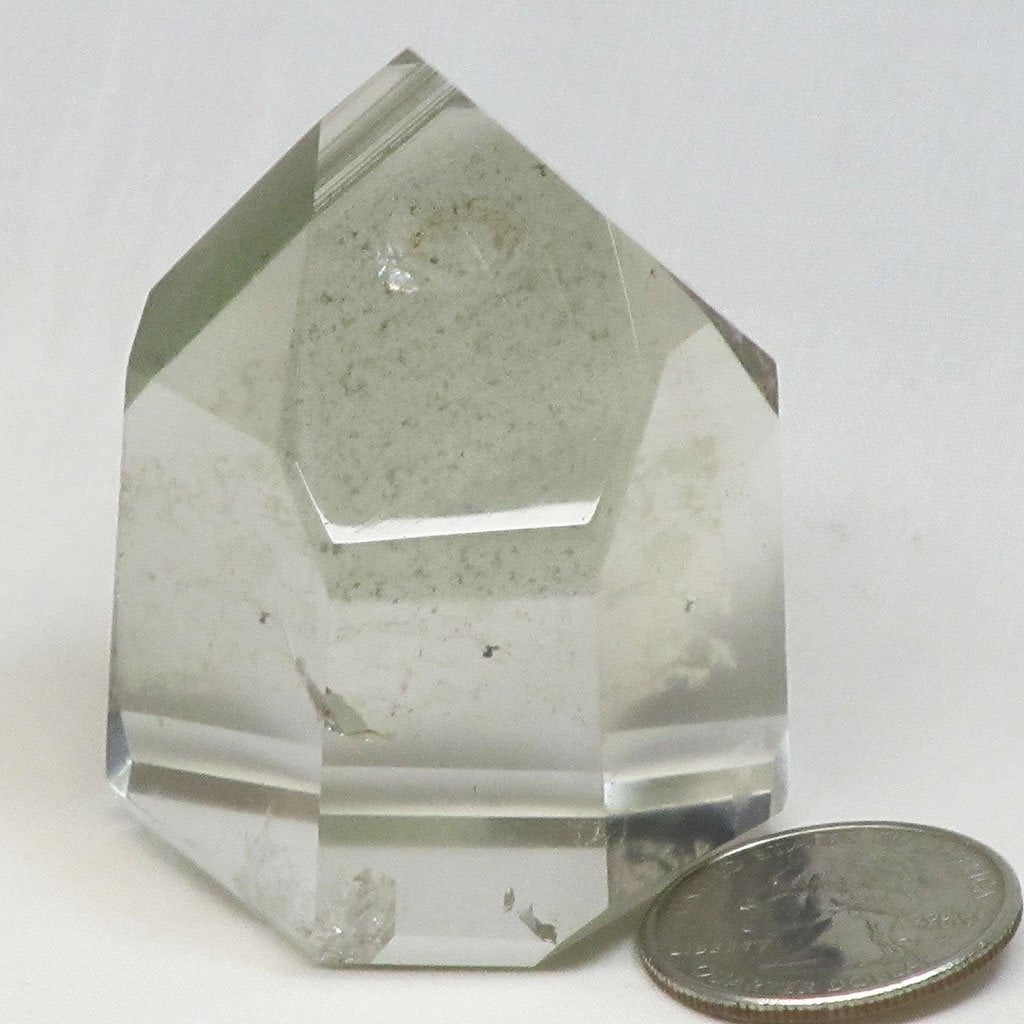 Polished Clear Quartz Crystal Point with Chlorite Phantoms