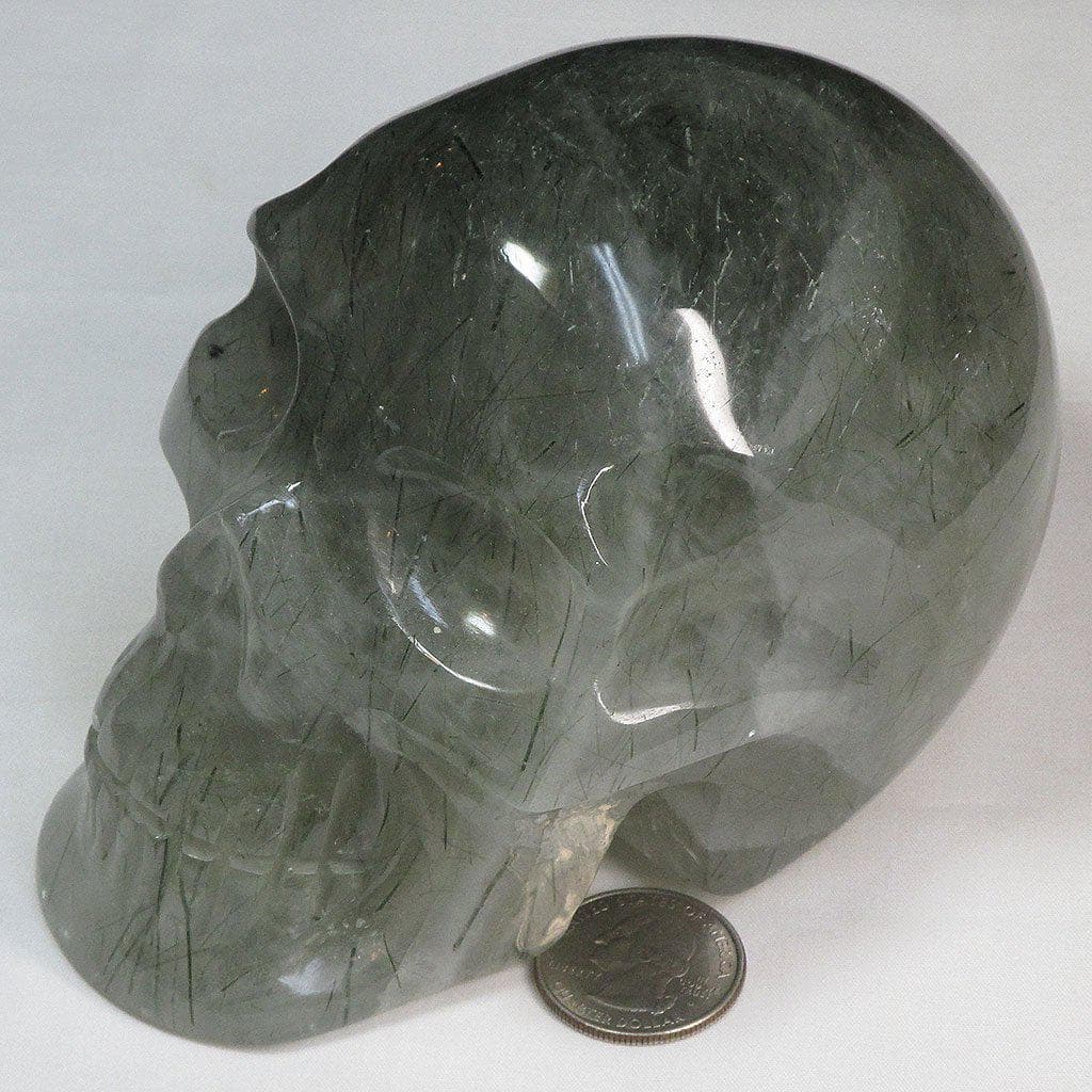 Carved Green Epidote Included Quartz Crystal Skull